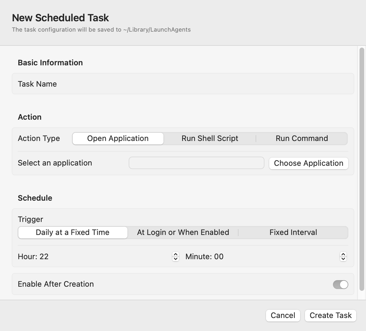 New Scheduled Task window in LaunchAgent Studio